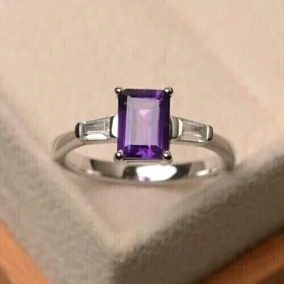 $197.28 • Buy 2Ct Emerald Cut  Lab Created Amethyst Women Wedding  Ring 14K White Gold Finish