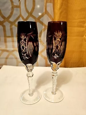 Nachtmann Traube 9  Ruby Red Purple Amethyst Champagne Flute Cut To Clear 2 Pcs • $150