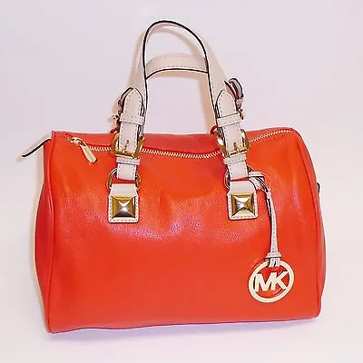 Michael Kors Grayson Medium Mandarin Red Leathergold Buckles Satchelpurse Bag • $298.99