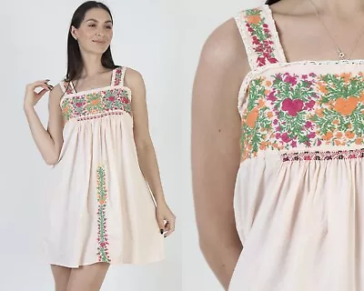 Vtg Peach Cotton Oaxacan Mini Dress Mexican Embroidered Tan Tie Dye Sundress • $81.70