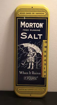 Vintage Advertising Sign Morton Salt Metal Store Wall Dealer Thermometer Used • $99