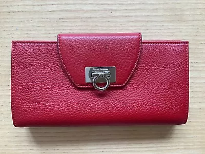 SALVATORE FERRAGAMO Red Leather Wallet Gancini Clasp New In Box Made In Italy • $325