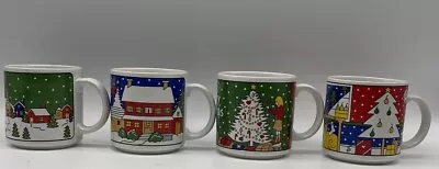 Vintage Korea Christmas Coffee Cups Mugs Set Of 4 Scenes Reindeer Cat Santa • $34.99