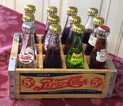 1999 Wooden Crate Of Miniature Pepsi Cola & Other 3” Tall Soda Pop Glass Bottles • $49.99