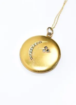 STUNNING Victorian Antique MOON & FLOWER  Paste/ SEED PEARLS GF LOCKET Necklace  • $329.99