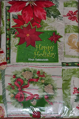 Vinyl Tablecloth~Christmas Wreath~Poinsettia Red Flower~Holly~Holiday~52/90~NEW • $9.95