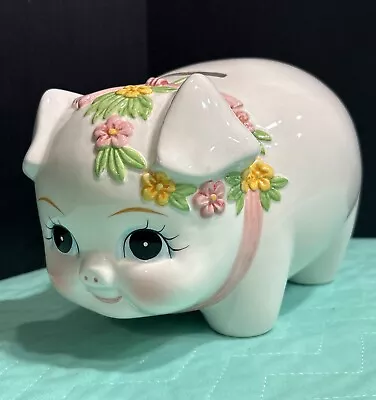 Vintage Large 9.5  Lefton White Ceramic Painted Pink Raised Flowers Piggy Bank • $25