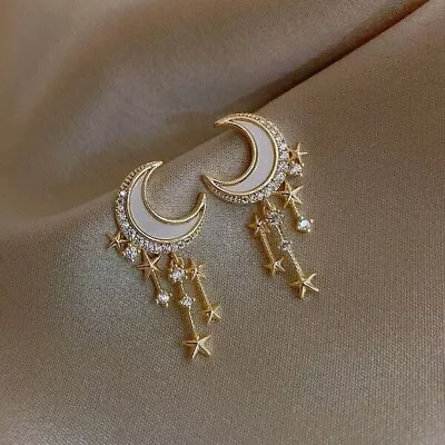 18K Gold Filled Mother Of Pearl Style Half Moon Graduated Stars Stud Earrings • £7.99