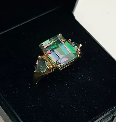 9ct Yellow Solid Gold Lady's Stunning Mystic Topaz Ring Sz O VGC  • $170.53