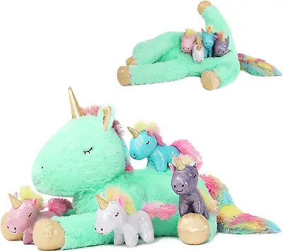 Giant Unicorn Teddy For Girls 55Cm Green Unicorn Mom With 4 Colorful Baby Insid • £62.74