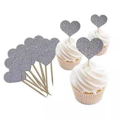 Glitter Heart Cupcake Toppers50 PCS Love Valentine's Day Food Picks Silver • $14.91