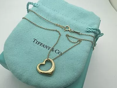 Tiffany Co Elsa Peretti 18k Yellow Gold Open Heart Pendant 17” Necklace • $499.99