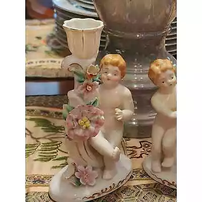 PAIR OF ANTIQUE PORCELAIN CHERUB DOUBLE CANDLE HOLDERS- Free Shipping • $65