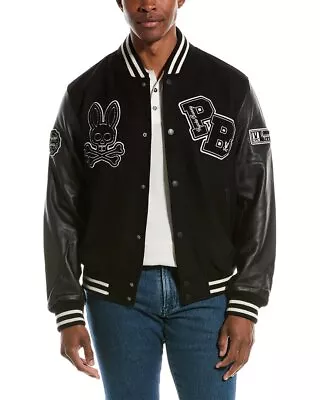 Psycho Bunny Robbins Wool-Blend & Leather Varsity Bomber Jacket Men's Black L • $280