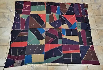 Antique 1900s American Handmade Embroidered Crazy Quilt Wool On Cotton 79x69 • $49.99