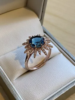 Rose Gold Plated Sterling Silver London Blue Topaz Ring Round Shaped - Brand New • £29.99