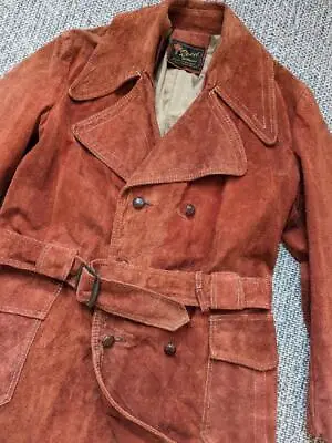 Vintage TRENCH COAT Leather COWHIDE Split Suede 44 Rusty Brown BELTED Sherlock L • $224.95