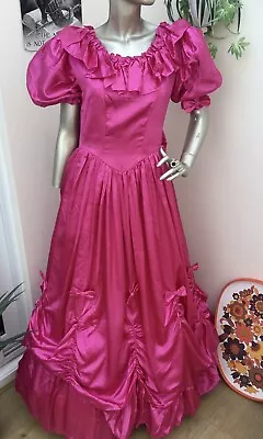 Vintage Hot Pink 80’s Bridesmaid Party Dress Bo Peep Satin Victorian S • £30