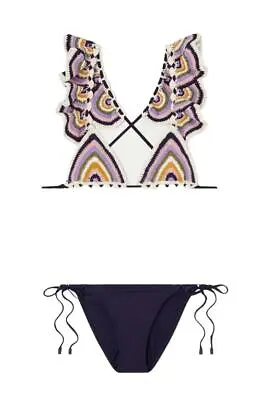 Zimmermann Cira Crochet Frill Tri Bikini | Hand-Crocheted Top Shoulder Ruffles • $169.99