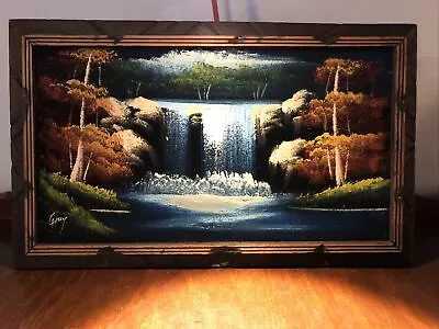 Black Velvet Painting 23x14 Autumn Waterfall Landscape Scene VTG Mexico • $40