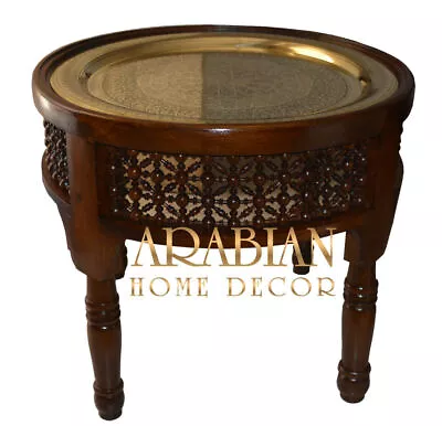 Handcrafted Moroccan 20  Round Gold Brass Tray Table Brass Coffee Tea Table • $450