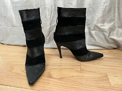 Manolo Blahnik 35 Black Boots Striped Suede Leather High Heels Painted Pony Hair • $45
