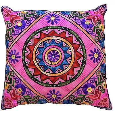 Indian Suzani Mandala Cushion Covers Cotton Sequin Embroidery Boho 24 X 24 Inch • £7.99