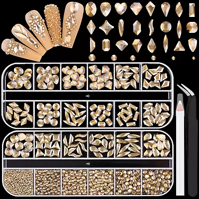 1680Pcs Champagne Gold Glass Nail Rhinestones 180Pcs Multi Shapes Flatback Gems  • $21.99