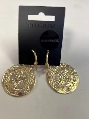 Pilgrim Coin With Rosequartz Earrings Gold Plated New • £23
