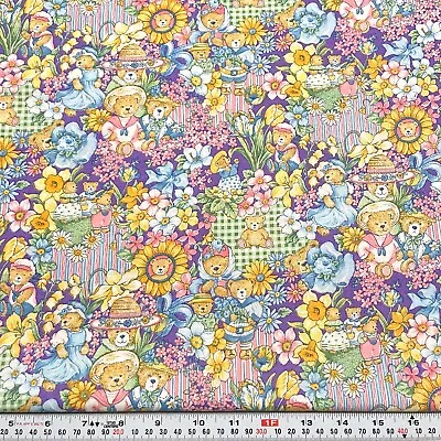 Vintage Kessler Design Bears & Flowers On Purple Cotton Fabric Remnant 22  X 44  • $12.99
