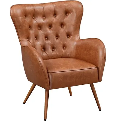 Accent Chair Vintage Faux Leather Armchair Wood Grain Metal Legs High Back Brown • $179.99
