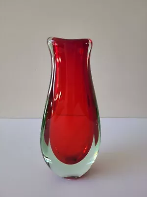 Vintage MURANO Cased Ruby Red And Green ART GLASS VASE Mid Century Italian • $77.23