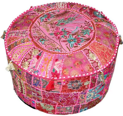 Indian Patchwork Round Pouffe Cover Vintage Cotton Footstool Cover Ottoman Art • $43.99