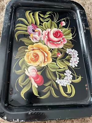 Vintage Metal Painted Tray Table Serving  12 X17  Black Flowers • $9.99