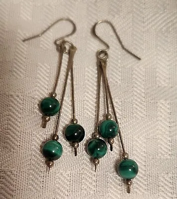 Vintage Sterling Malachite Beads Dangle Earrings • $28