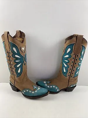 NWOB Corral Tan/Turquoise Overlay & Embroidery Wingtip Western Boots Womens 6.5M • $115.49