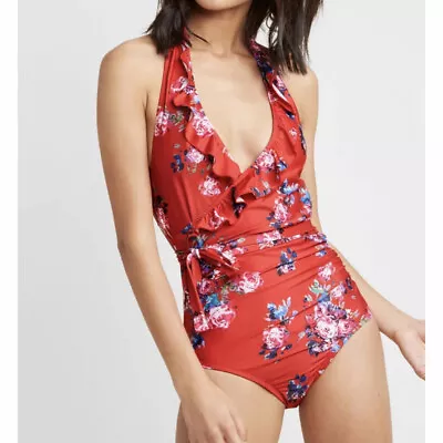 ModCloth - The Reese One-Piece Swimsuit Red Floral Ruffle Size XS NWT • $22