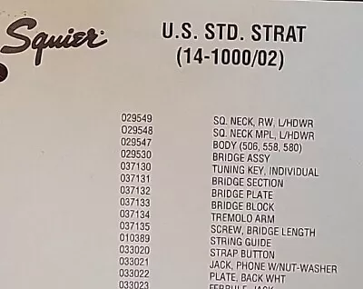 Parts List/Wiring Diagram FENDER Squier Strat US Std Stratocaster Guitar 14-1000 • $34.11