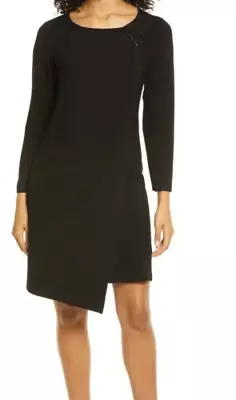 Ming Wang Black Jersey Draped Front Asymmetric Dress L/S PLUS 1X NWT $215 • $55.99
