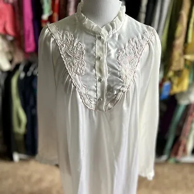 Vintage 70s Llise Stevens Long Satin White Pink Sleep Nightgown M/L Embroidered • $17.60