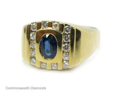 Mens 1.02CT Blue Sapphire Diamond Cocktail Ring 14K Yellow Gold Size 12 - Pinky • $895