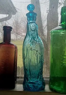 Pretty Teal Blue Madonna Virgin Mary Figural Bottle &stopper Hand Blown 8 3/4  • $60