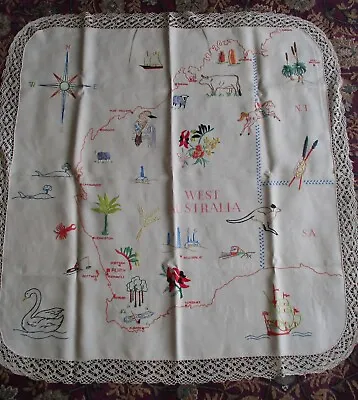 Vintage Hand Embroidered Linen Lace Edged Tablecloth Of Western Australia 1960s • $55