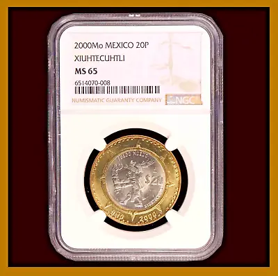 Mexico 20 Pesos Bimetallic Coin 2000 Xiuhtecuhtli NGC MS 65 • $94.95