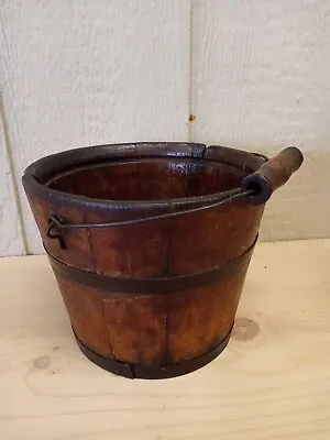 6  Primitive Wooden FIRKIN SUGAR BUCKET W/ Metal Bands Wire Handle Pennsylvania • $129.99