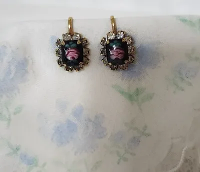 Vtg Earrings Art Deco Guilloche Pink Rose Crystal Black Huggie Screwback • $14.50