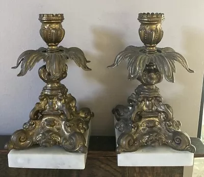 2 Vtg Brass Ornate Candle Holders Marble Bases Hollywood Regency No Prisims • $49