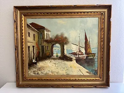 Vintage Signed Oil On Canvas Seaside Painting W/ Figures & Boats • $250
