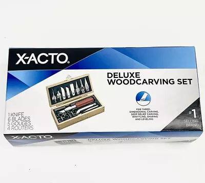 X-ACTO Deluxe Woodcarving Set Hobby Knife Wood Box 16 Pieces Blades Gouges X5175 • $22