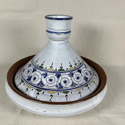 Moroccan Style Cooking Tagine White Blue Green Ceramic Glazed Small 7.5”x6” Chip • $17.95